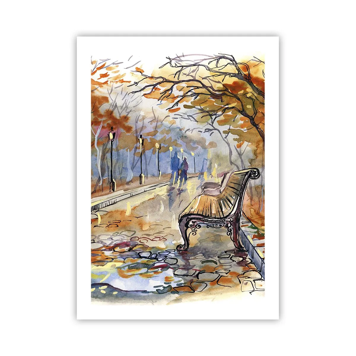 Plakat - Ławka w jesiennym parku, akwarela - 50x70cm - Razem powędrować w jesień - Nowoczesna dekoracja ścienna do salonu, kuchni i sypialni ARTTOR