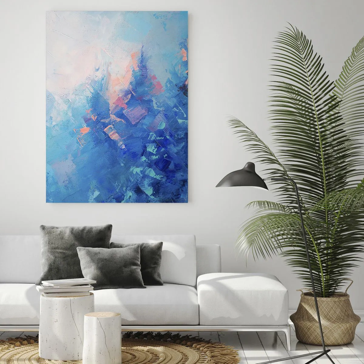 Obraz na szkle - Abstract winter landscape with cool blues and soft pink hues - 50x70cm - Zimowa abstrakcja - Nowoczesna dekoracja ścienna do salonu, kuchni i sypialni ARTTOR