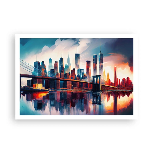 Plakat - Panorama Nowego Jorku z mostem i odbiciem w wodzie - 100x70cm - Zjawiskowy Nowy Jork - Nowoczesna dekoracja ścienna do salonu i sypialni ARTTOR