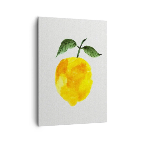 Obraz na płótnie - Akwarelowa ilustracja cytryny z zielonymi liśćmi na jasnym tle - 50x70cm - Jak poznać smak słońca - Nowoczesna dekoracja ścienna do salonu, kuchni i sypialni ARTTOR