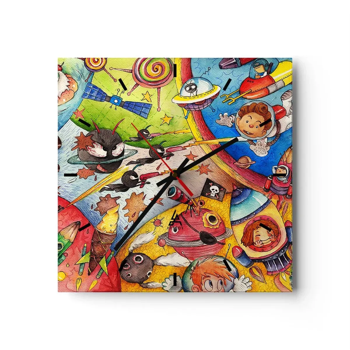 Zegar ścienny - Kolorowa scena kosmiczna pełna dzieci i statków kosmicznych - 30x30cm - Wielka kosmiczna przygoda - Nowoczesna dekoracja ścienna do salonu i sypialni ARTTOR