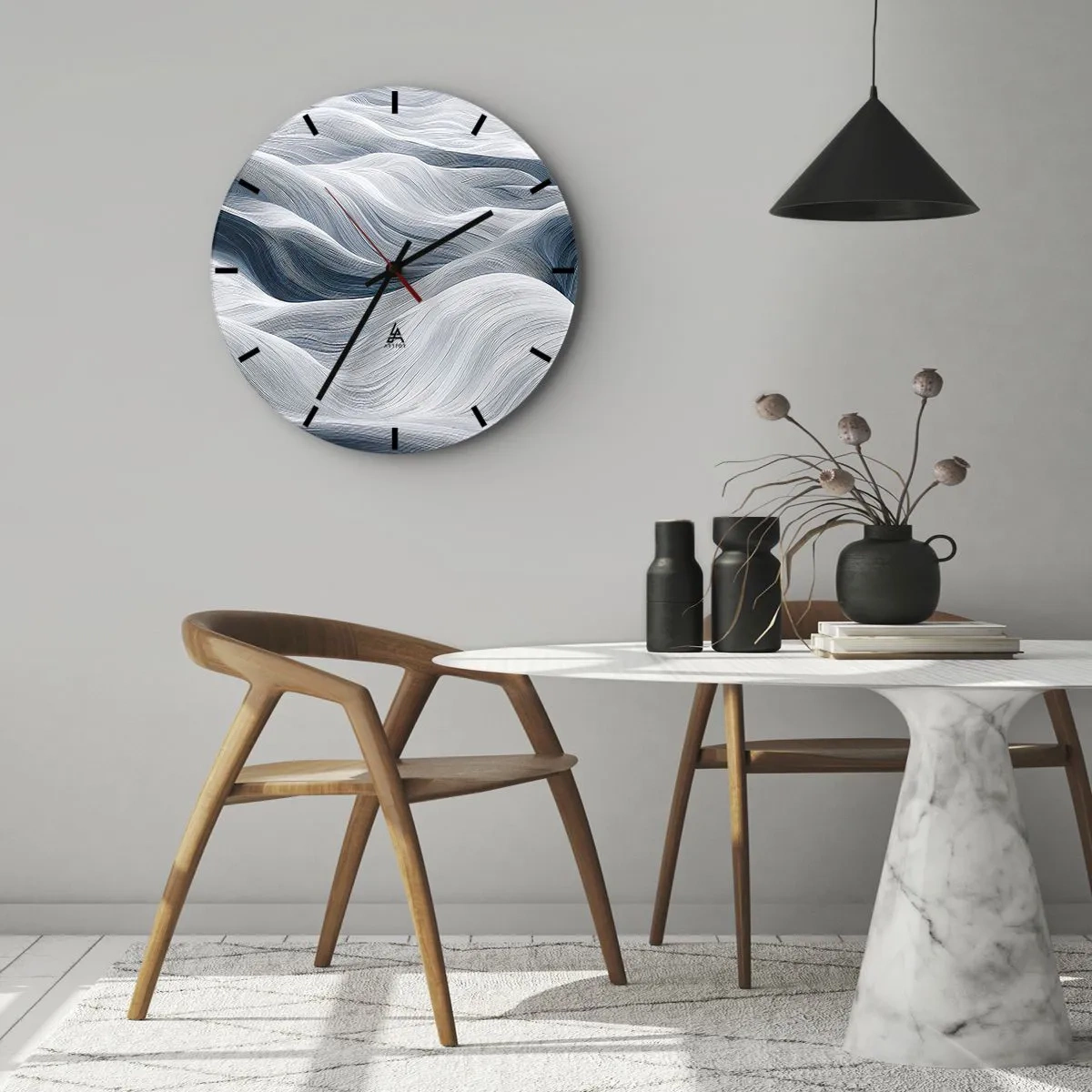 Zegar ścienny - Graficzne, faliste linie w biało-błękitnej tonacji - 30x30cm - Biało-błękitne fale - Nowoczesna dekoracja ścienna do salonu, kuchni i sypialni ARTTOR