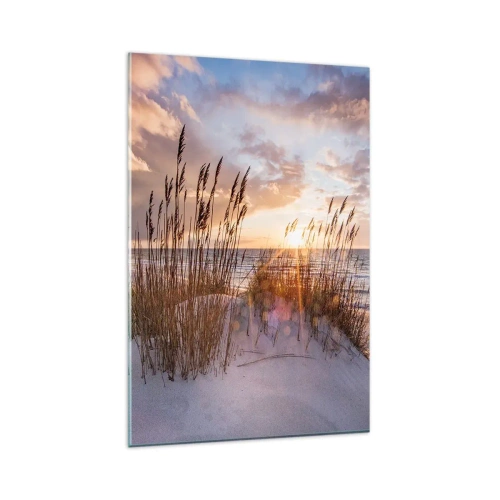 Obraz na szkle - Wydmy z trawami na tle zachodzącego słońca - 80x120cm - Pożegnanie słońca i wiatru - Nowoczesna dekoracja ścienna do salonu i sypialni ARTTOR