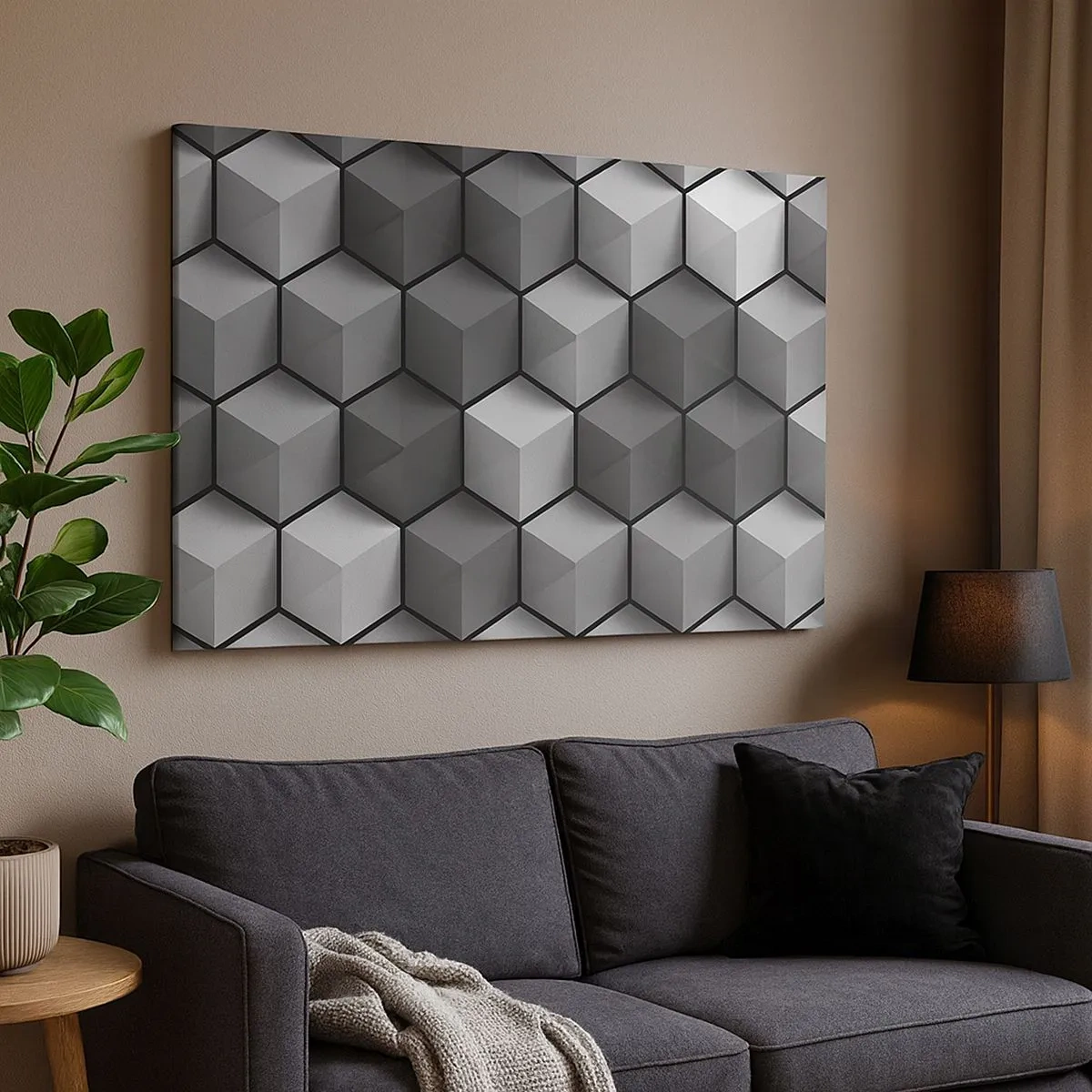 Obraz na płótnie - Geometryczna kompozycja kostek w odcieniach szarości i czerni - 70x50cm - Kubistyczna układanka - Nowoczesna dekoracja ścienna do salonu i sypialni ARTTOR