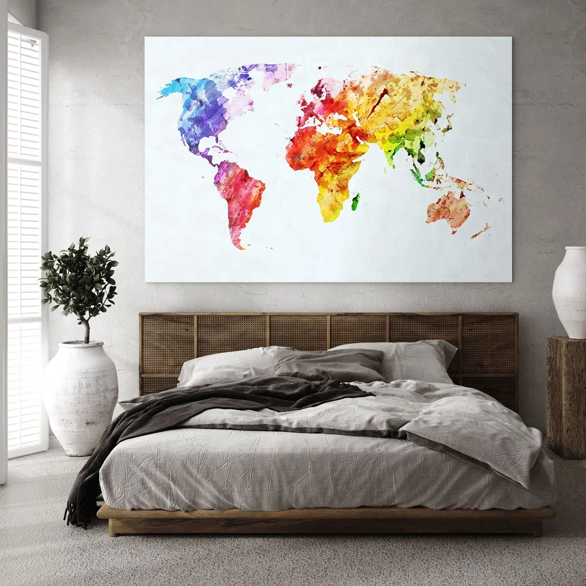 Obraz na szkle - Akwarelowa mapa świata w jasnych kolorach - 70x50cm - Wszystkie barwy świata - Nowoczesna dekoracja ścienna do salonu i sypialni ARTTOR