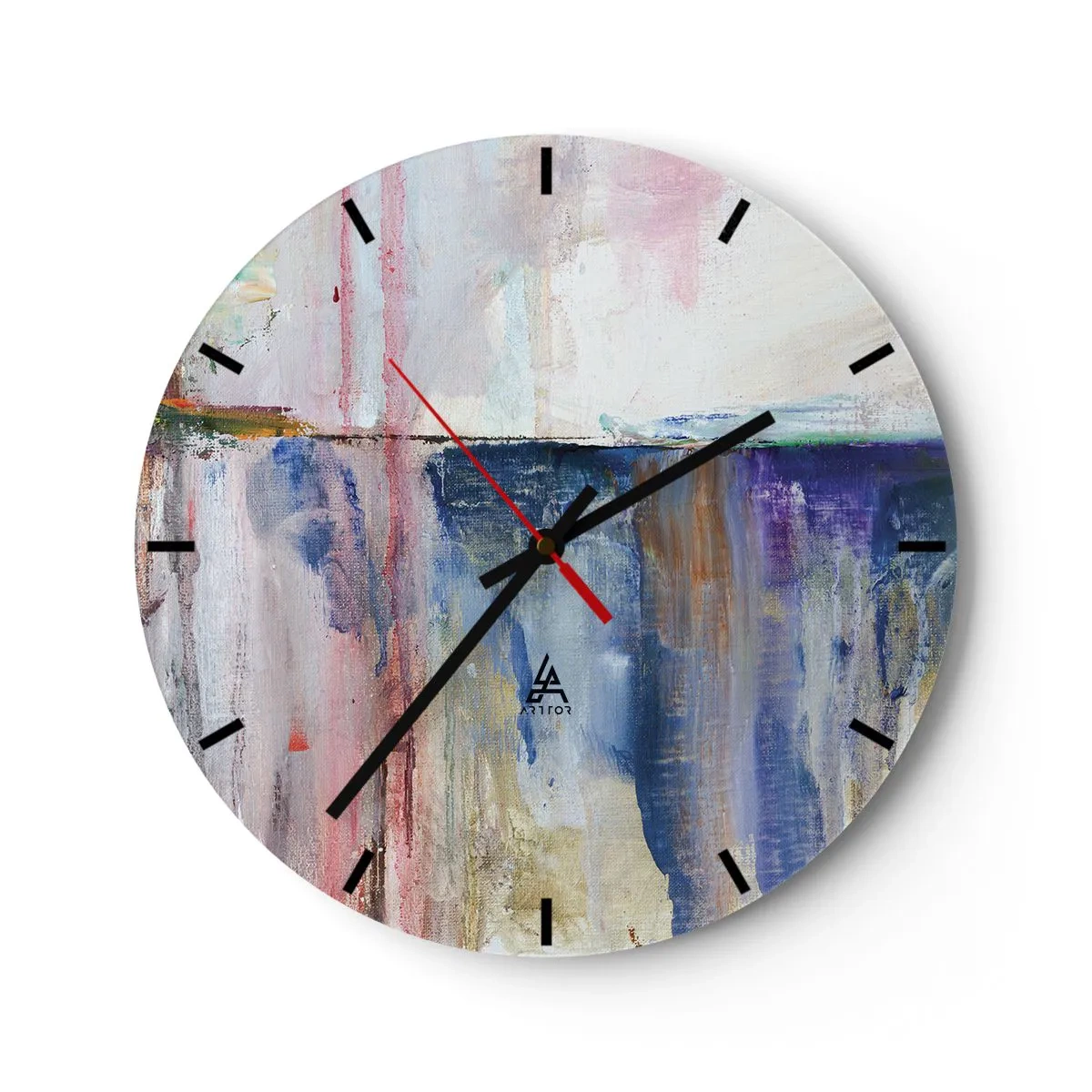 Zegar ścienny - Malarska kompozycja z plamami barw w odcieniach niebieskiego i różu - 30x30cm - Barwne wrażenia i skojarzenia - Nowoczesna dekoracja ścienna do salonu, kuchni i sypialni ARTTOR