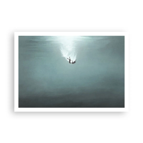 Plakat - Postać zanurzająca się w głębokiej wodzie o turkusowym odcieniu - 100x70cm - W objęciach oceanu - Nowoczesna dekoracja ścienna do salonu i sypialni ARTTOR