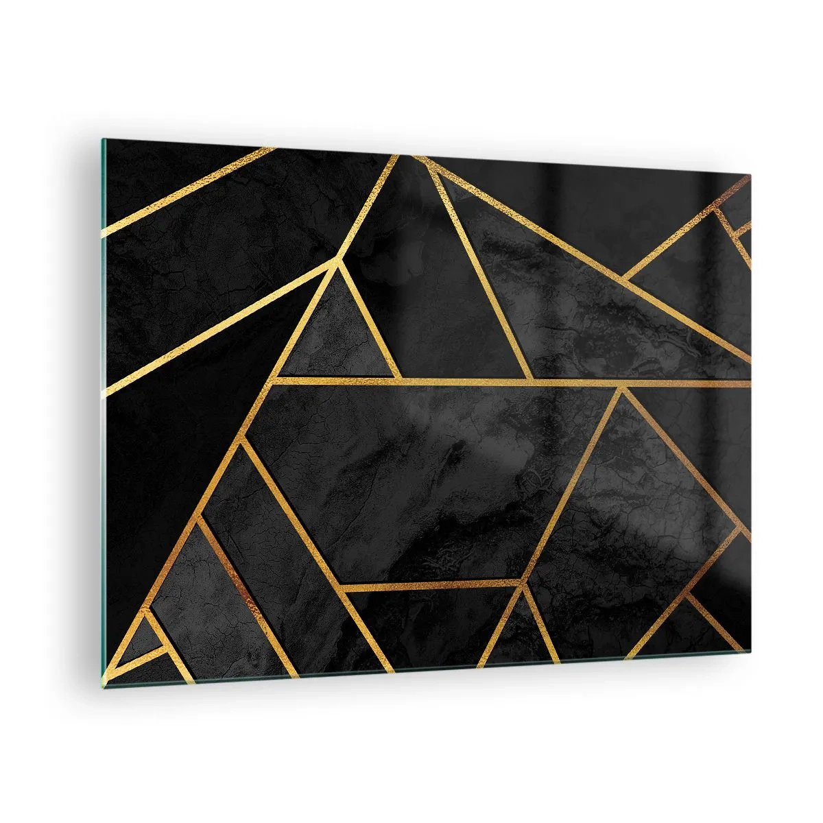 Obraz na szkle - Czarno-złota geometryczna kompozycja na marmurowym tle - 70x50cm - Mrok i blask - Nowoczesna dekoracja ścienna do salonu i sypialni ARTTOR