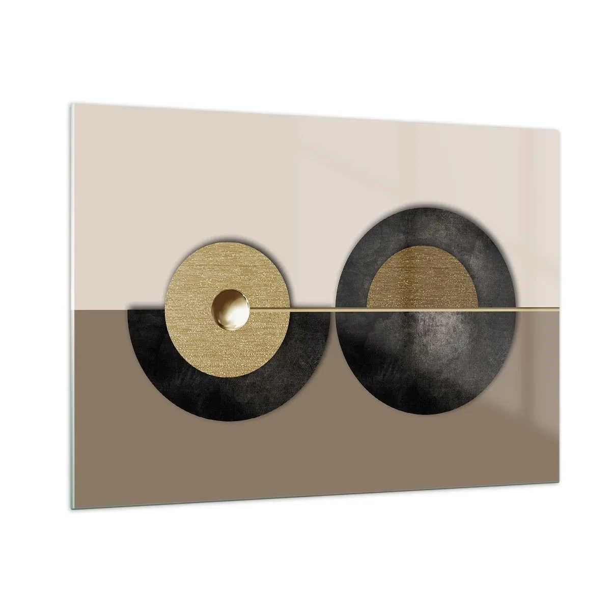 Obraz na szkle - Geometryczne koła w złocie i czerni na beżowym tle - 100x70cm - Wariacje wokół koła - Nowoczesna dekoracja ścienna do salonu, kuchni i sypialni ARTTOR