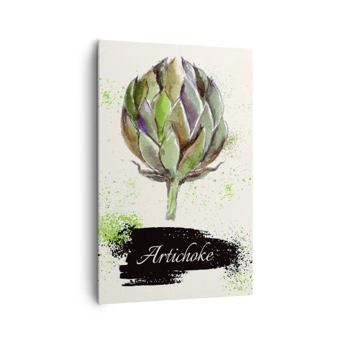 Obraz na płótnie - Akwarelowy karczoch z napisem na jasnym tle z zielonymi akcentami - 80x120cm - Eviva warzywa! - Nowoczesna dekoracja ścienna do salonu i sypialni ARTTOR