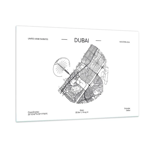 Obraz na szkle - Minimalistyczna mapa Dubaju w czarno-białej stylistyce - 120x80cm - Anatomia Dubaju - Nowoczesna dekoracja ścienna do salonu, kuchni i sypialni ARTTOR
