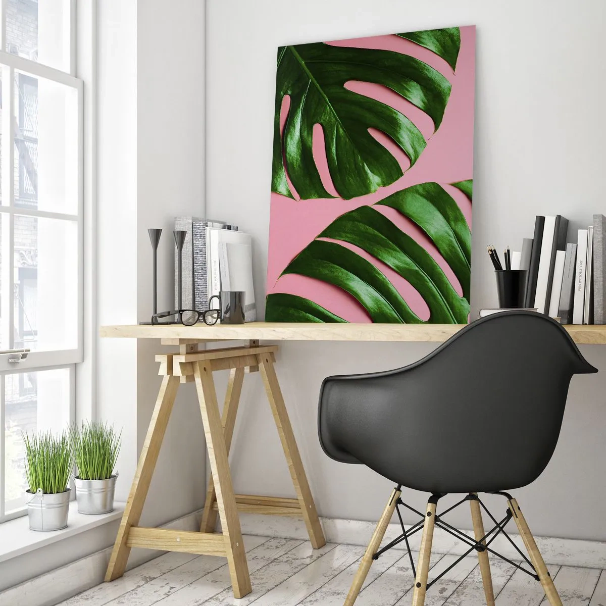 Obraz na szkle - Zielone liście monstery na różowym tle - 70x100cm - Zielone rendez-vous - Nowoczesna dekoracja ścienna do salonu i sypialni ARTTOR