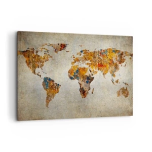 Obraz na płótnie - Mapa świata w stylu vintage z kolorowymi akcentami - 100x70cm - Naprawdę wielki świat - Nowoczesna dekoracja ścienna do salonu, kuchni i sypialni ARTTOR