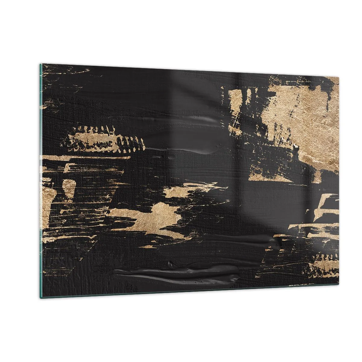 Obraz na szkle - Czarno-złota abstrakcja z fakturą przypominającą pociągnięcia pędzla - 120x80cm - Ślad dotyku - Nowoczesna dekoracja ścienna do salonu, kuchni i sypialni ARTTOR