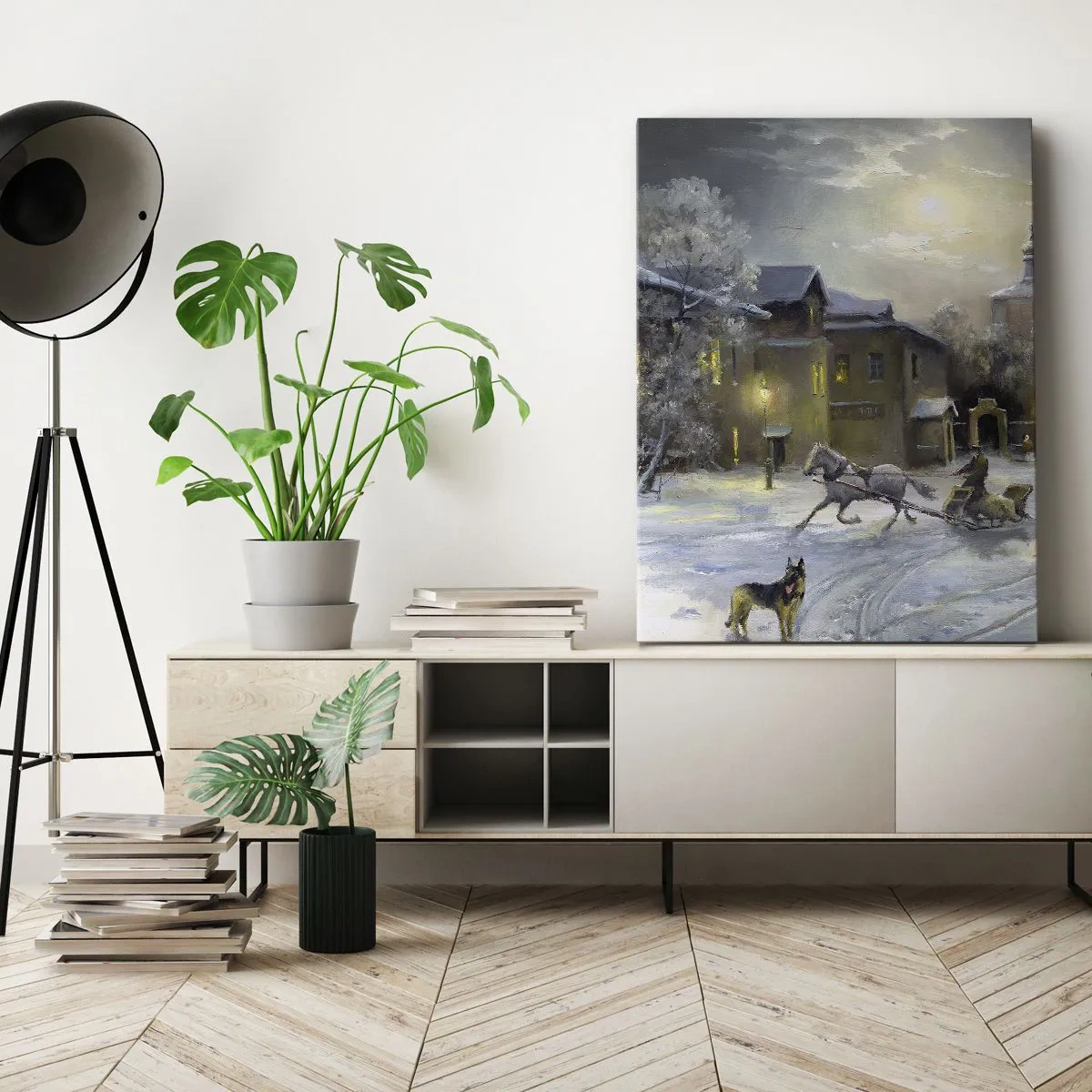 Obraz na płótnie - Zimowy krajobraz w rosyjskim miasteczku z saniami i kościołem - 80x120cm - Magia rosyjskiej zimy - Nowoczesna dekoracja ścienna do salonu i sypialni ARTTOR