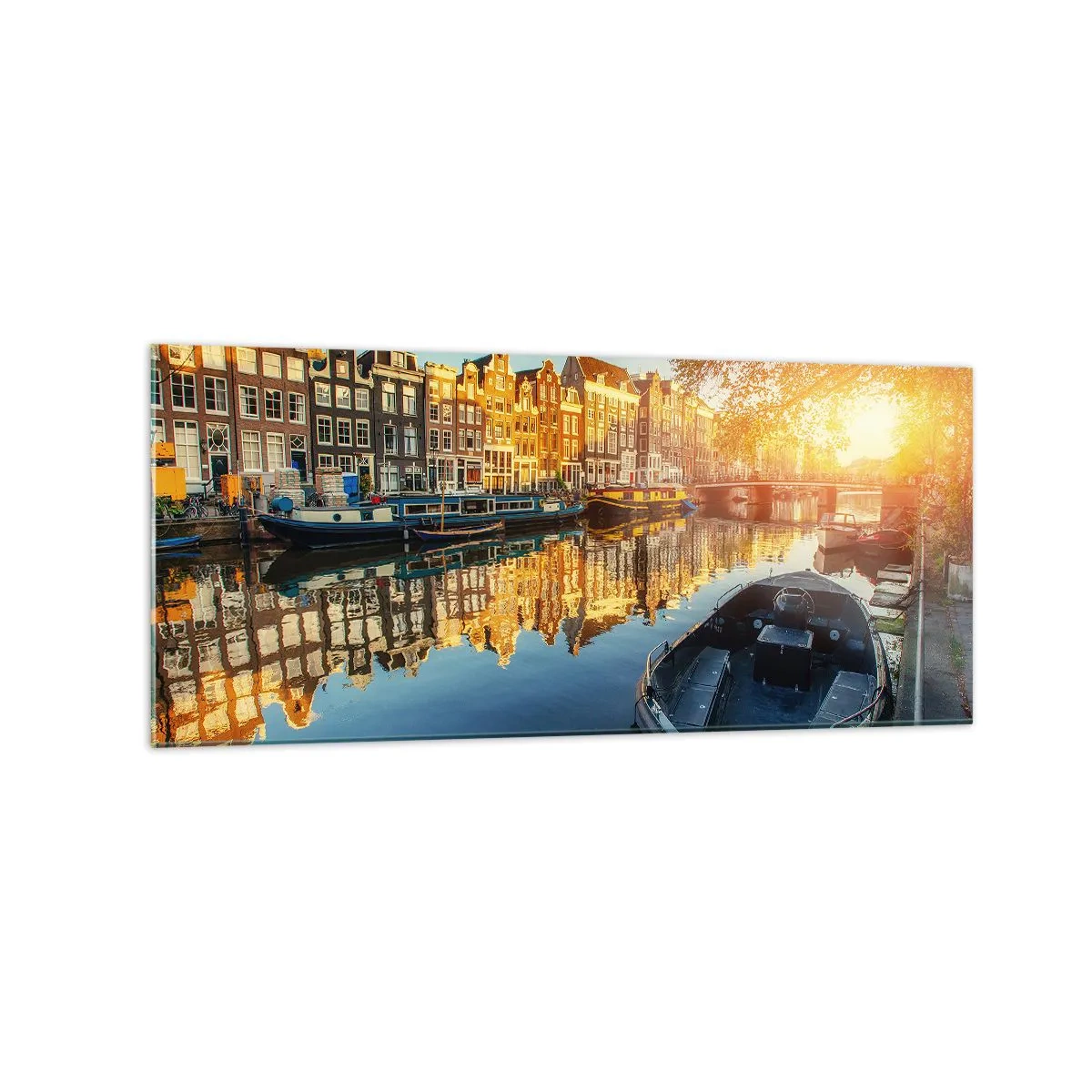 Obraz na szkle - Kanał w Amsterdamie o zachodzie słońca - 120x50cm - Poranek w Amsterdamie - Nowoczesna dekoracja ścienna do salonu i sypialni ARTTOR