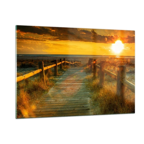Obraz na szkle - Drewniana ścieżka prowadząca ku zachodzącemu słońcu - 120x80cm - Skąpane w starym złocie - Nowoczesna dekoracja ścienna do salonu, kuchni i sypialni ARTTOR