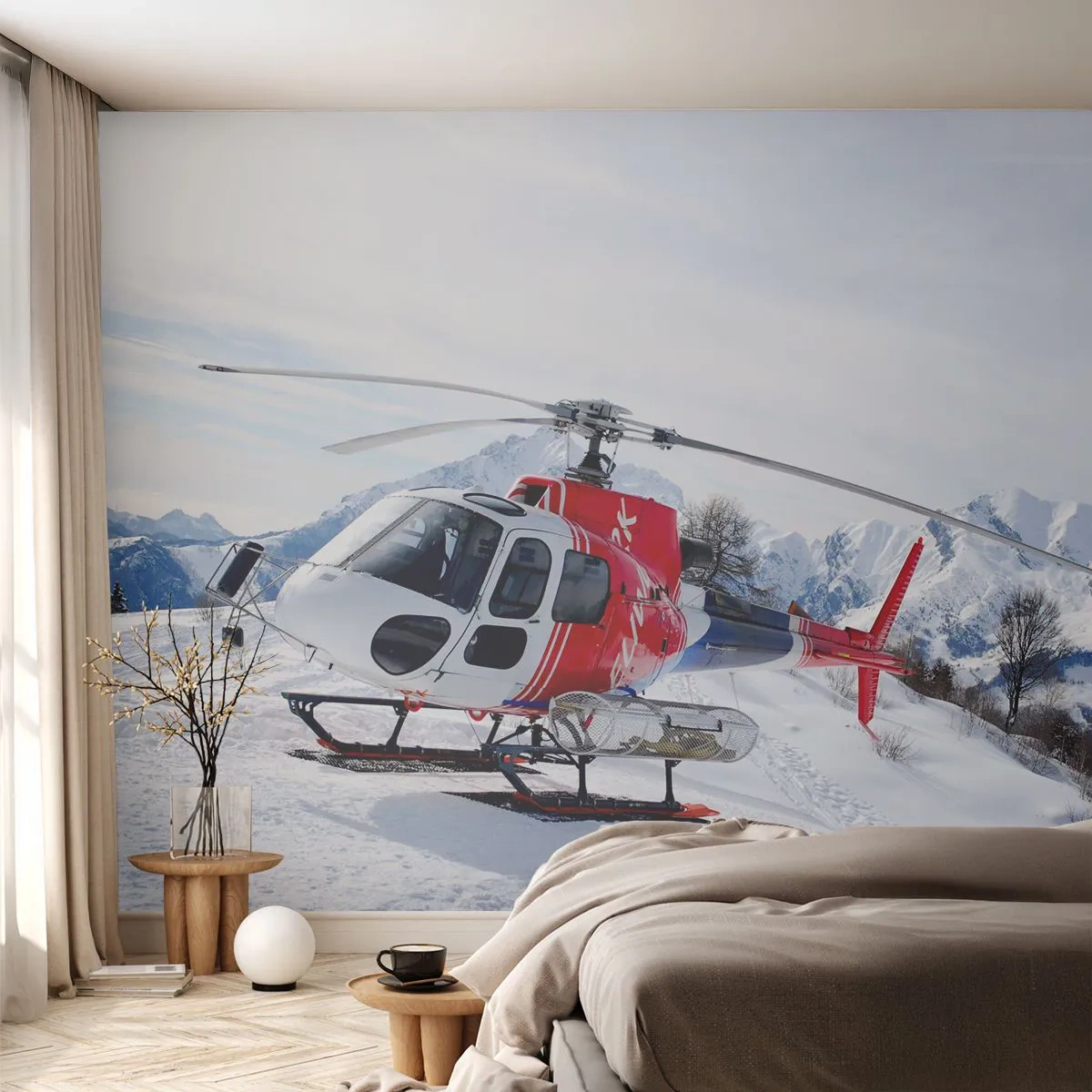 Fototapeta Premium Sand - Czerwony helikopter na tle ośnieżonych gór - 100x70cm - Zawsze gotowy - Nowoczesna dekoracja ścienna do salonu, kuchni i sypialni ARTTOR