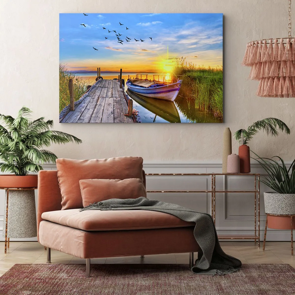 Obraz na płótnie - Łódka przy drewnianym pomoście o zachodzie słońca - 70x50cm - Do widzenia, do jutra - Nowoczesna dekoracja ścienna do salonu i sypialni ARTTOR
