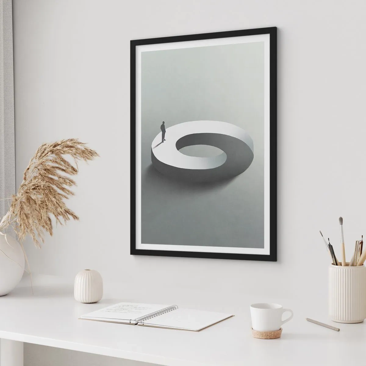 Plakat w czarnej ramie - Minimalistyczna postać na geometrycznej strukturze - 50x70cm - I bądź tu mądry - Nowoczesna dekoracja ścienna do salonu i sypialni ARTTOR