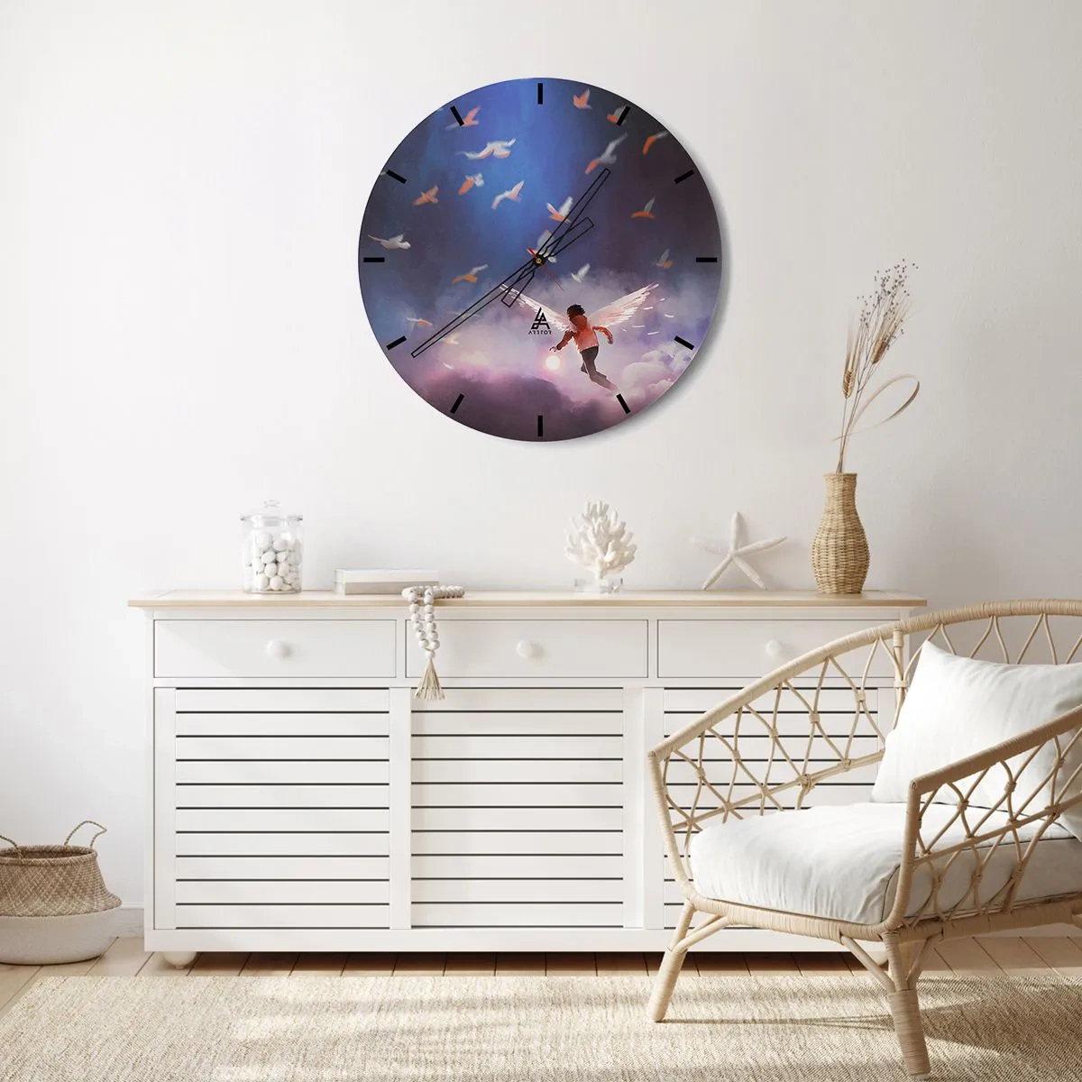 Zegar ścienny - Postać z anielskimi skrzydłami wśród ptaków na tle nieba - 30x30cm - Trzeba mieć wyobraźnię i odwagę - Nowoczesna dekoracja ścienna do salonu, kuchni i sypialni ARTTOR