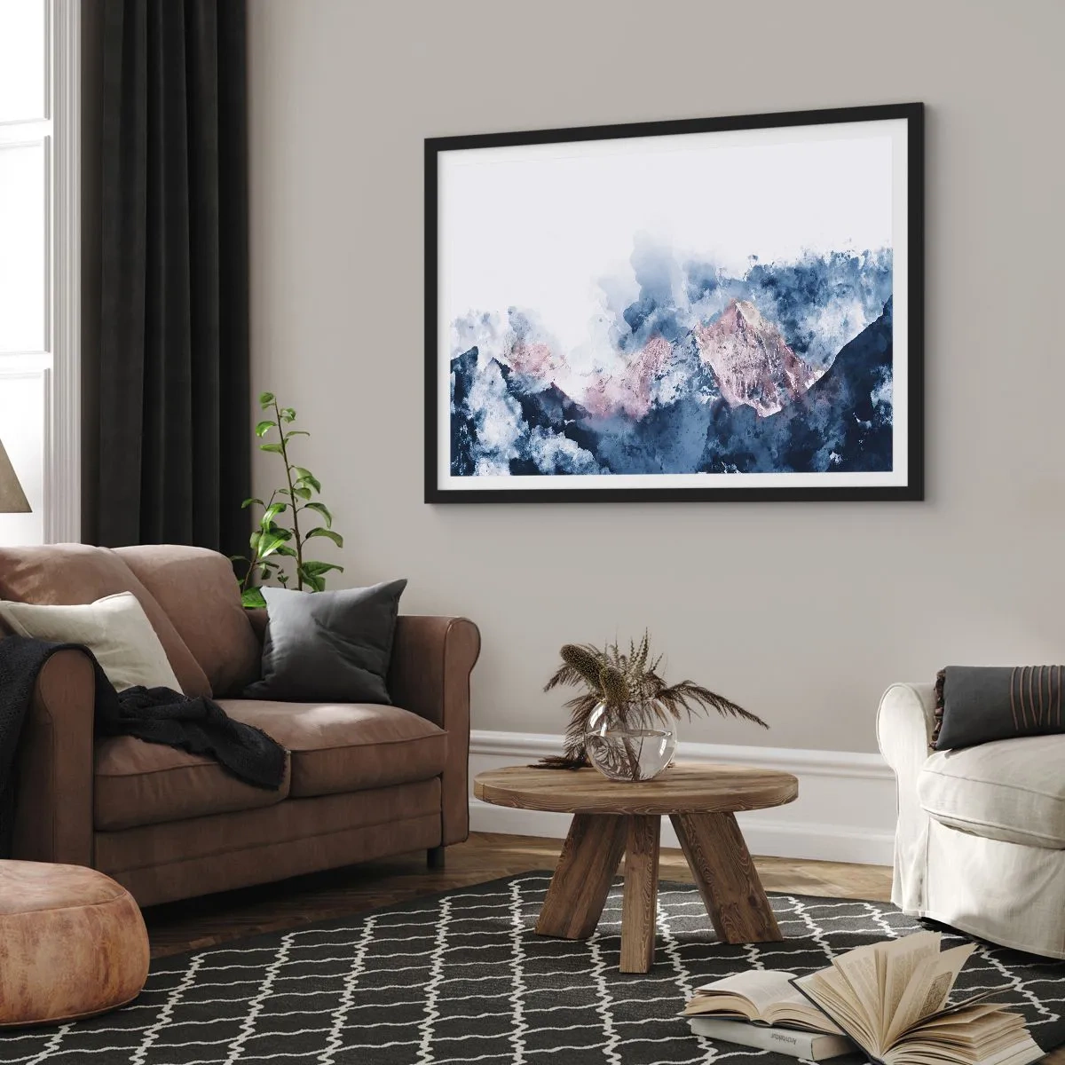 Plakat w czarnej ramie - Akwarelowe góry w pastelowych odcieniach na białym tle - 100x70cm - To są szczyty! - Nowoczesna dekoracja ścienna do salonu i sypialni ARTTOR