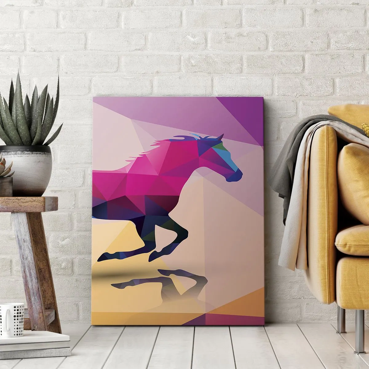 Obraz na płótnie - Geometryczny koń w stylu abstrakcyjnym i wielokolorowej palecie - 50x70cm - Kubizm wciąż żywy - Nowoczesna dekoracja ścienna do salonu, kuchni i sypialni ARTTOR