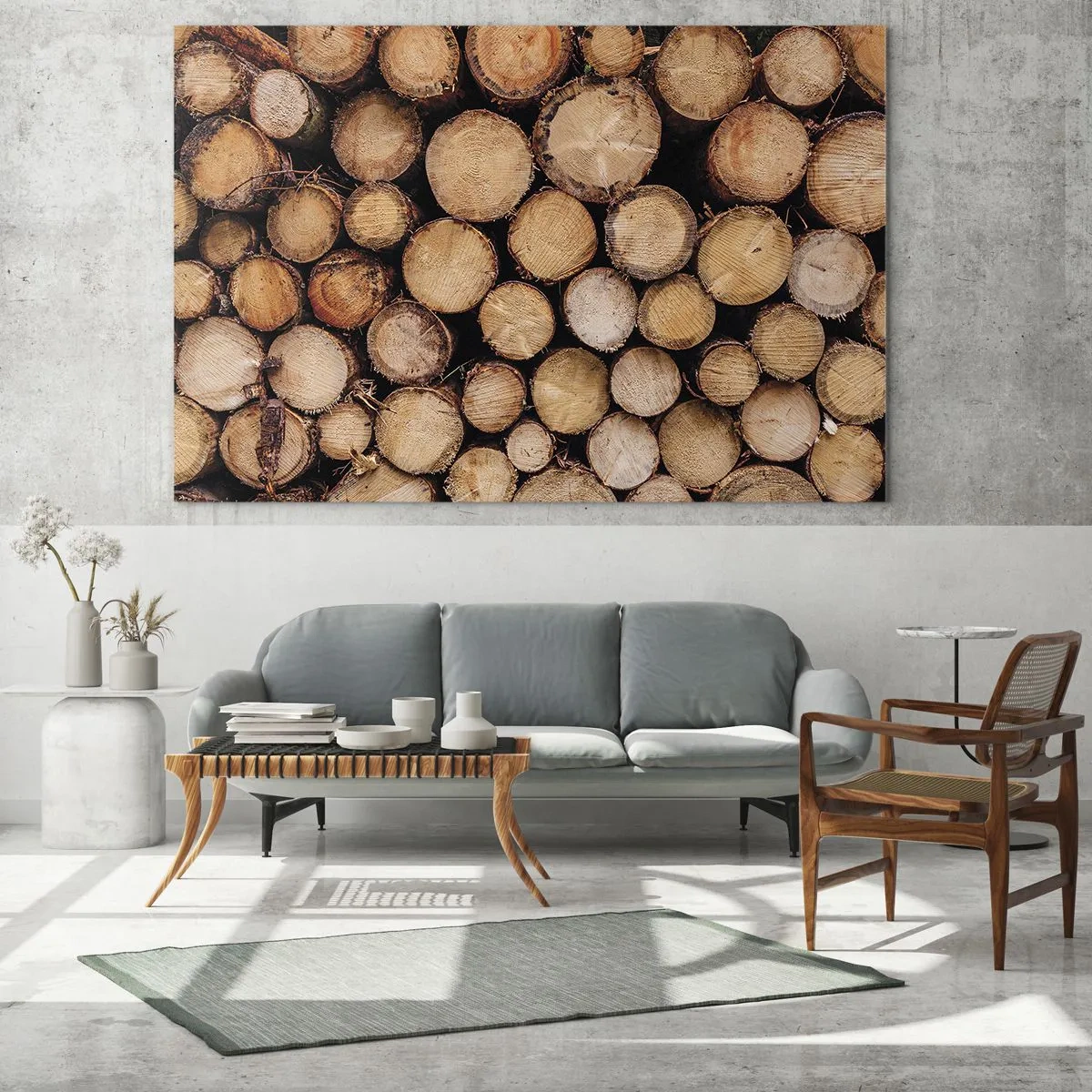 Obraz na szkle - Stosy ściętych pni drzew ułożone w harmonii - 120x50cm - Nowy początek - Nowoczesna dekoracja ścienna do salonu i sypialni ARTTOR