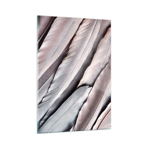 Obraz na szkle - Zbliżenie na pastelowe pióra w odcieniach różu i srebra - 50x70cm - W różowej srebrzystości - Nowoczesna dekoracja ścienna do salonu, kuchni i sypialni ARTTOR