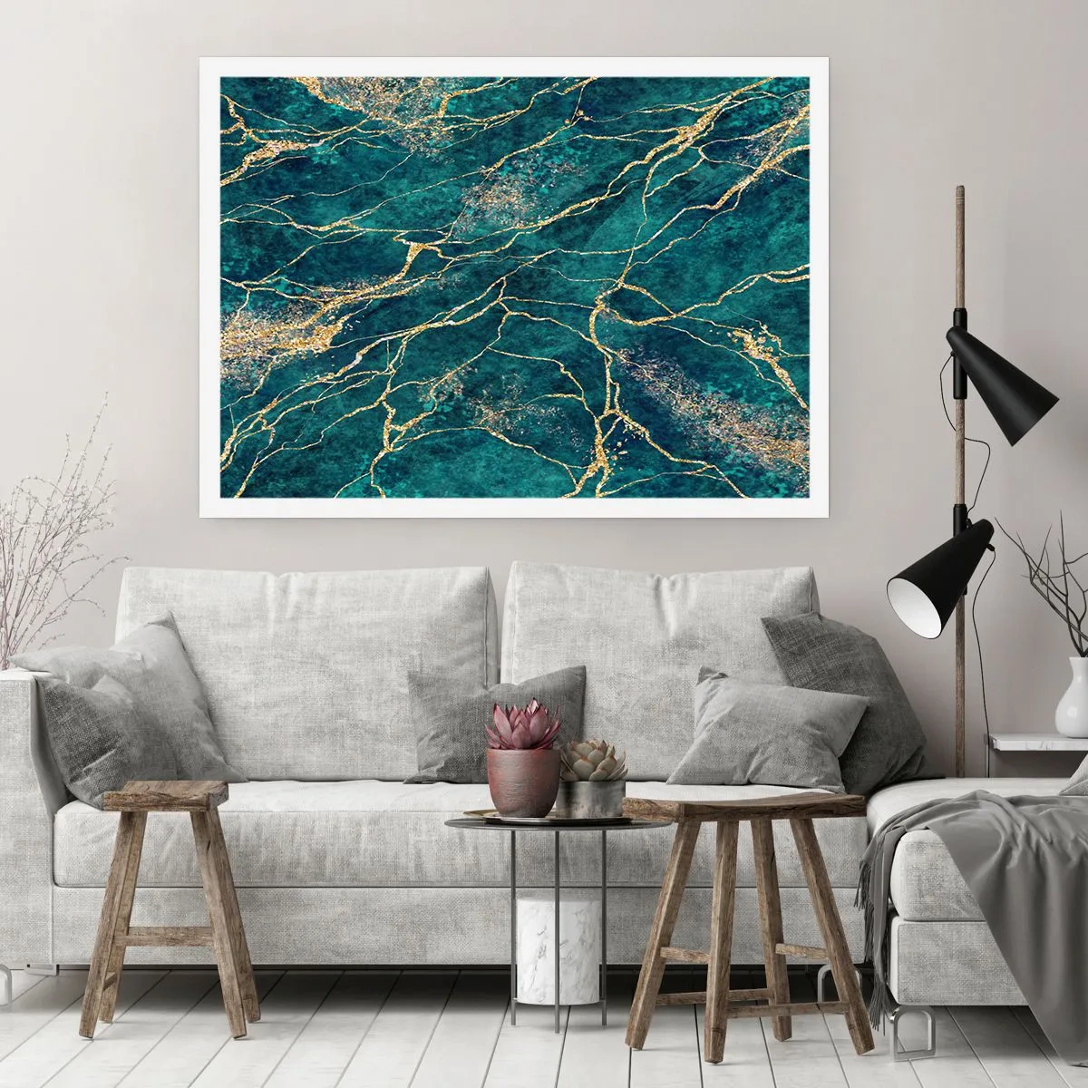 Plakat - Teksturowany wzór marmuru w odcieniach turkusu i złota - 100x70cm - Żyła złota - Nowoczesna dekoracja ścienna do salonu i sypialni ARTTOR