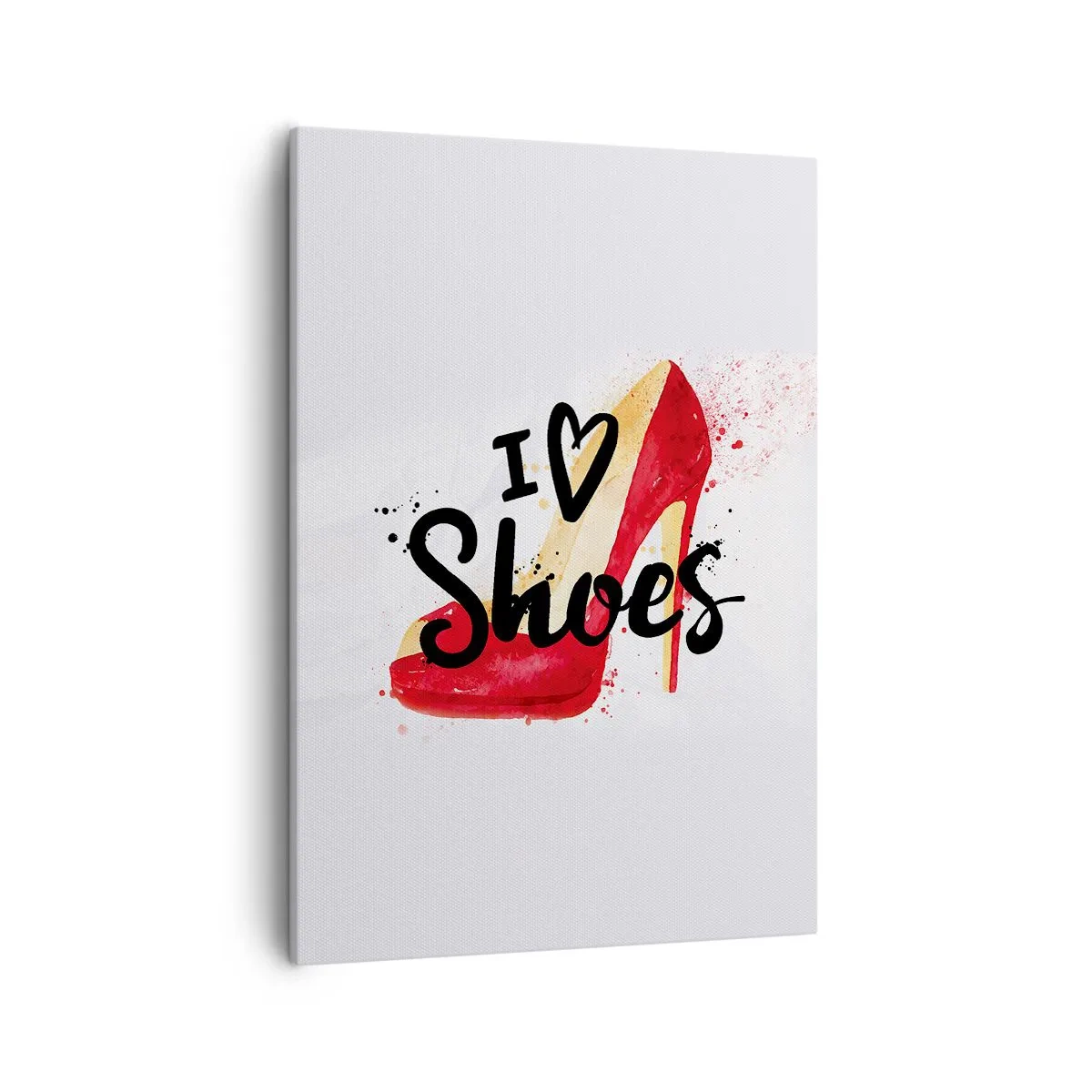 Obraz na płótnie - Czerwony szpilkowy but i napis I ♥ Shoes na białym tle - 50x70cm - Miłość niejedno ma imię - Nowoczesna dekoracja ścienna do salonu, kuchni i sypialni ARTTOR
