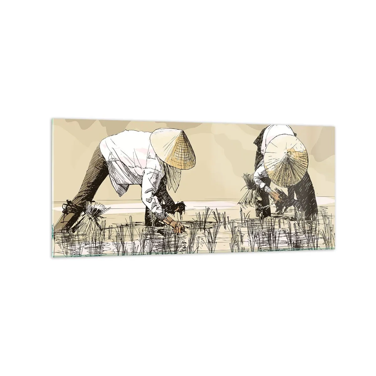 Obraz na szkle - Pracujący rolnicy w polu ryżowym z tradycyjnymi nakryciami głowy - 120x50cm - Udanych zbiorów - Nowoczesna dekoracja ścienna do salonu i sypialni ARTTOR