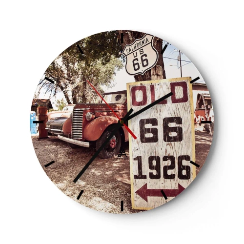 Zegar ścienny - Zabytkowy samochód na tle znaku drogi Route 66 i drewnianej tablicy - 30x30cm - Legenda amerykanskiej prowincji - Nowoczesna dekoracja ścienna do salonu, kuchni i sypialni ARTTOR