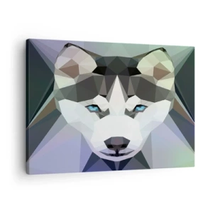 Obraz na płótnie - Wilk w geometrycznym stylu z wyrazistymi niebieskimi oczami - 70x50cm - Wspomnienie śniegów północy - Nowoczesna dekoracja ścienna do salonu i sypialni ARTTOR