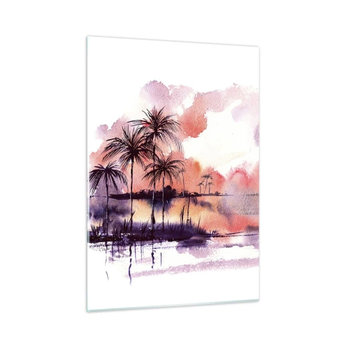 Obraz na szkle - Tropikalny krajobraz o zachodzie słońca w akwareli - 50x70cm - Spokój tropików w czerwieni - Nowoczesna dekoracja ścienna do salonu, kuchni i sypialni ARTTOR