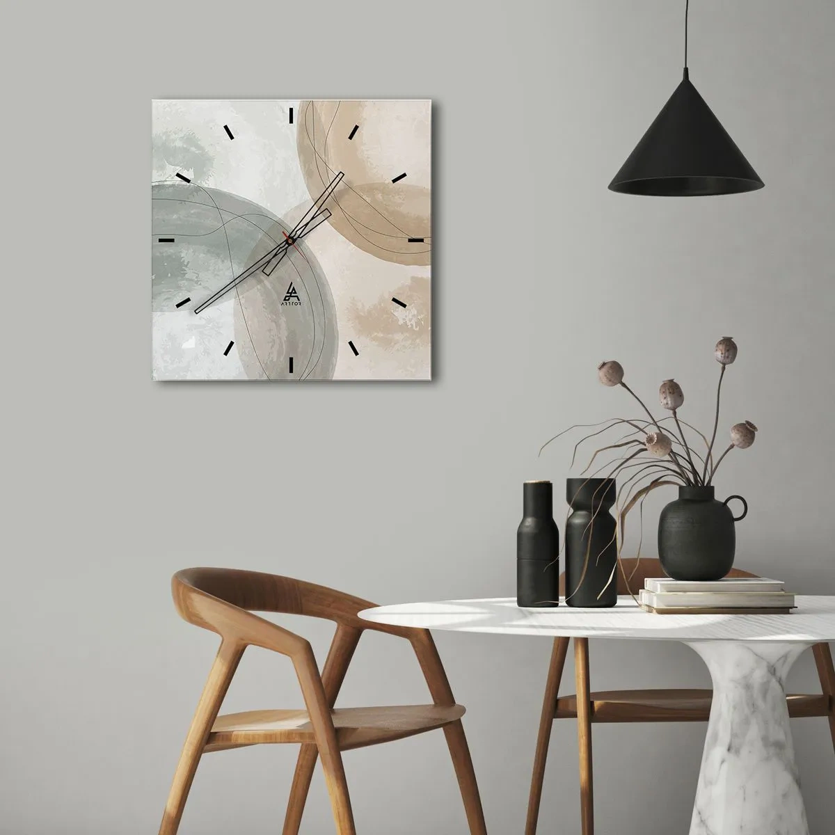 Zegar ścienny - Abstrakcyjna kompozycja w pastelowych barwach z liniami - 30x30cm - Przenikanie światów - Nowoczesna dekoracja ścienna do salonu i sypialni ARTTOR