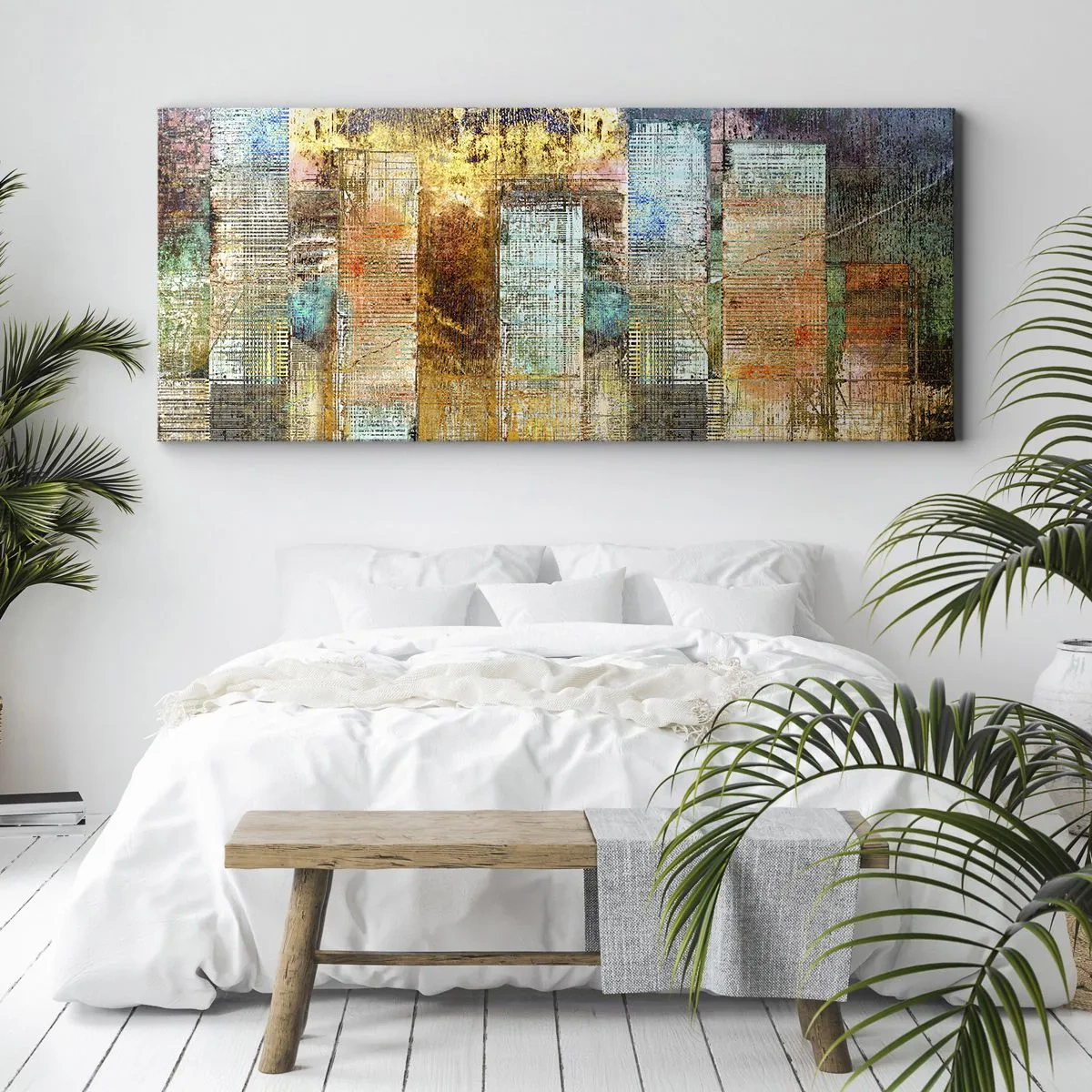 Obraz na płótnie - Abstrakcyjne wieżowce w industrialnej stylistyce - 140x50cm - Słoneczna metropolia - Nowoczesna dekoracja ścienna do salonu i sypialni ARTTOR
