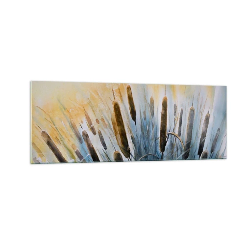 Obraz na szkle - Malownicze trzciny w promieniach słońca - 140x50cm - Chłód wody, słońca żar - Nowoczesna dekoracja ścienna do salonu i sypialni ARTTOR