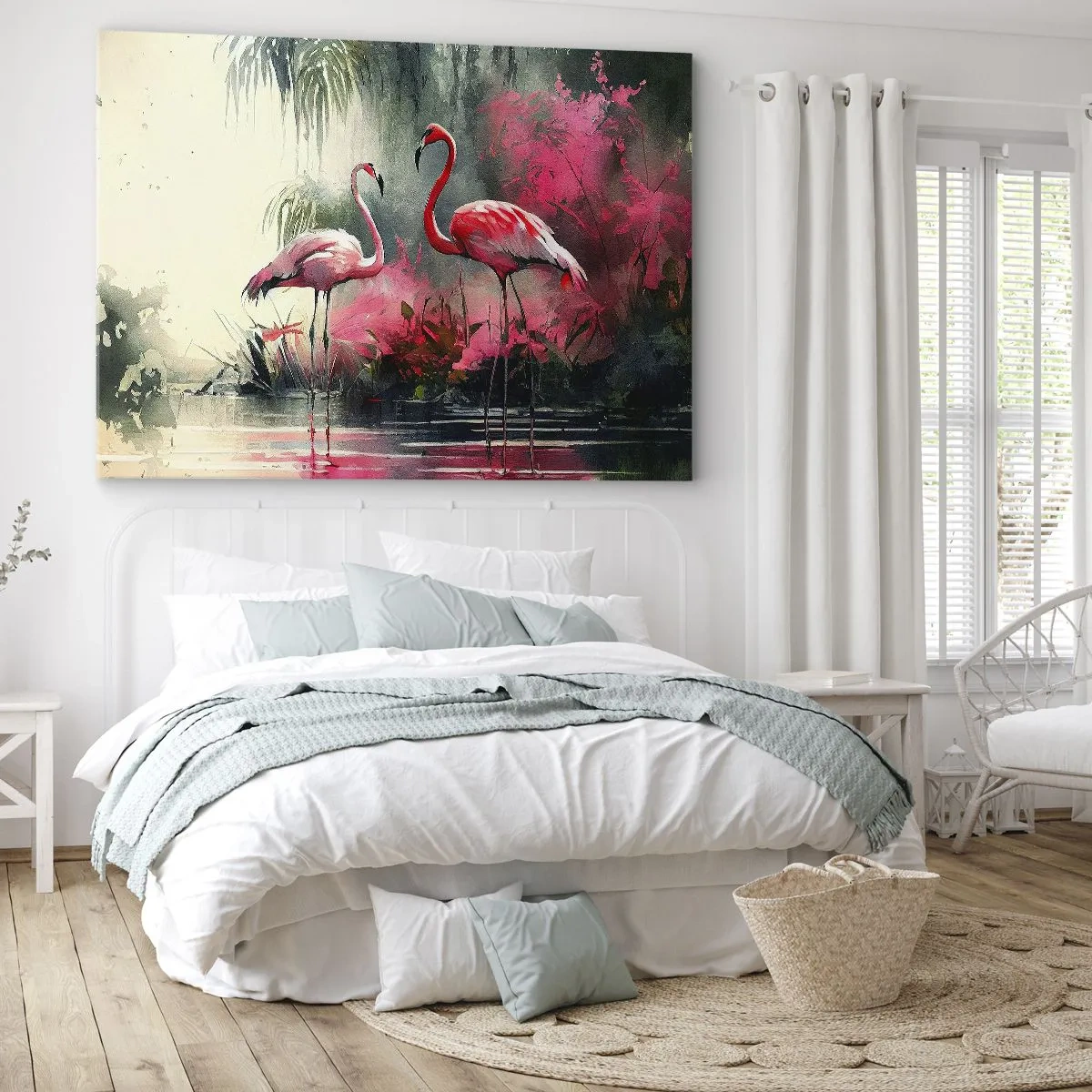 Obraz na płótnie - Flamingi nad wodą w otoczeniu roślinności - 70x50cm - Lekcja naturalnego wdzięku - Nowoczesna dekoracja ścienna do salonu i sypialni ARTTOR