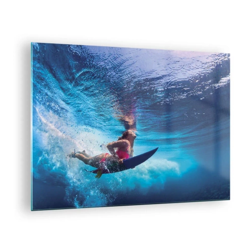 Obraz na szkle - Podwodna scena z surferką w dynamicznej akcji - 70x50cm - Głębia radości - Nowoczesna dekoracja ścienna do salonu i sypialni ARTTOR