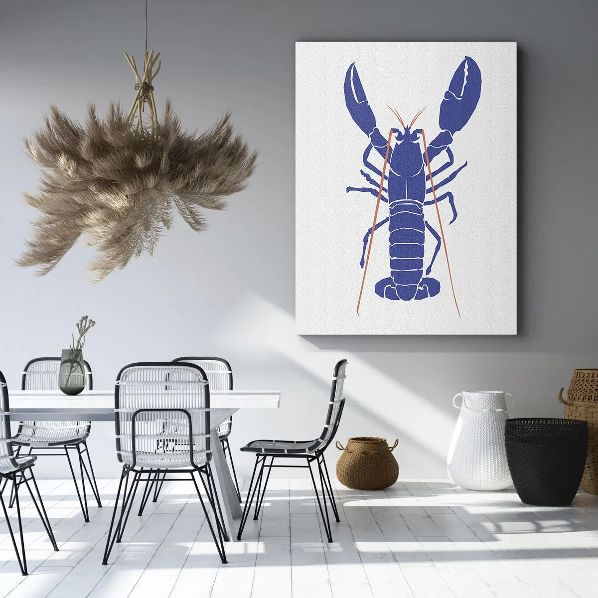 Obraz na płótnie - Minimalistyczna ilustracja niebieskiego homara na jasnym tle - 50x70cm - Homar wykwintny w granacie - Nowoczesna dekoracja ścienna do salonu, kuchni i sypialni ARTTOR