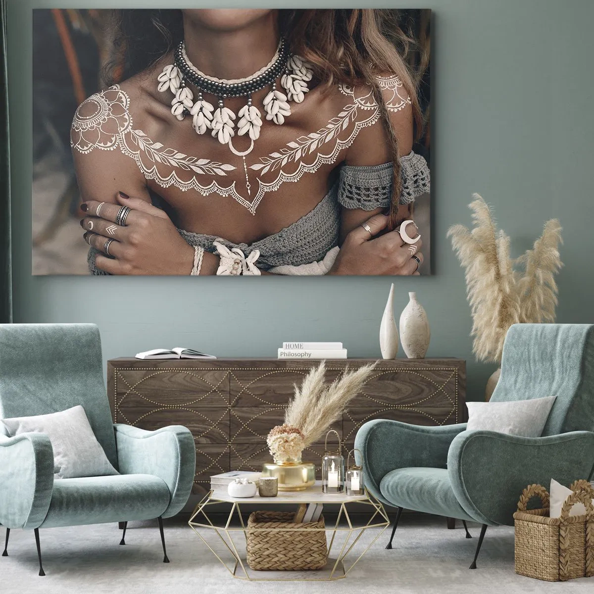 Obraz na płótnie - Styl boho z biżuterią z muszli i koronkowym wzorem - 70x50cm - Talizmany, rytuały kobiecości - Nowoczesna dekoracja ścienna do salonu i sypialni ARTTOR