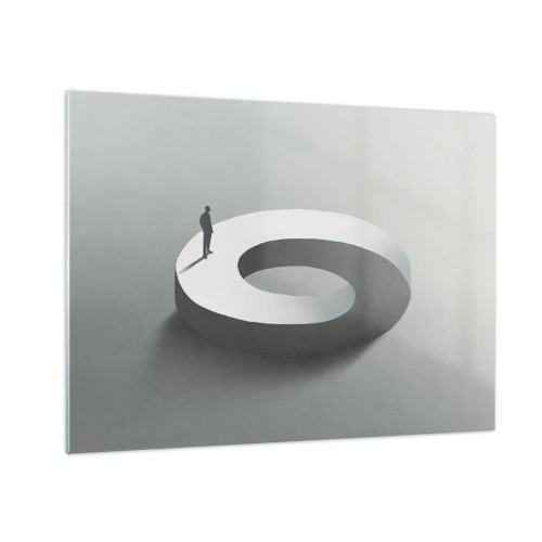 Obraz na szkle - Minimalistyczna sylwetka człowieka na białym pierścieniu - 70x50cm - I bądź tu mądry - Nowoczesna dekoracja ścienna do salonu i sypialni ARTTOR
