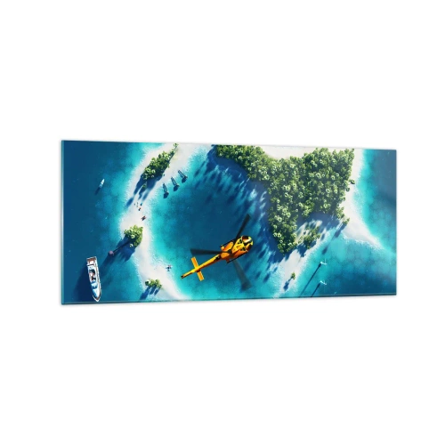Obraz na szkle - Tropikalna wyspa otoczona turkusową wodą z widocznym helikopterem - 120x50cm - Kup sobie wyspę - Nowoczesna dekoracja ścienna do salonu i sypialni ARTTOR