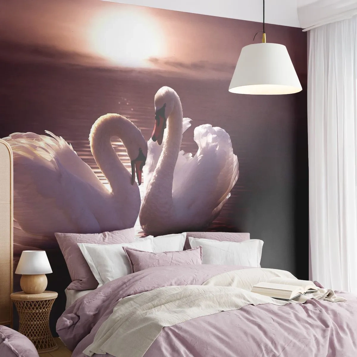 Fototapeta Premium Canvas - Dwa łabędzie na spokojnym jeziorze o zachodzie słońca - 100x70cm - Aż śmierć nas nie rozłączy - Nowoczesna dekoracja ścienna do salonu i sypialni ARTTOR