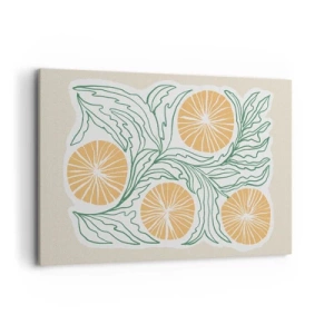 Obraz na płótnie - Minimalistyczny motyw pomarańczy z zielonymi liśćmi - 120x80cm - Etnicznie z nutą abstrakcji - Nowoczesna dekoracja ścienna do salonu, kuchni i sypialni ARTTOR
