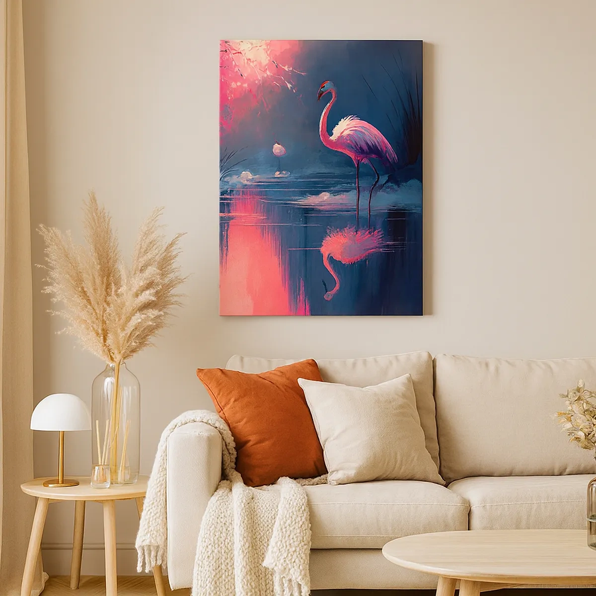 Obraz na płótnie - Malowniczy obraz żurawi nad wodą w otoczeniu różowego światła - 50x70cm - Ptasie ustronie - Nowoczesna dekoracja ścienna do salonu, kuchni i sypialni ARTTOR