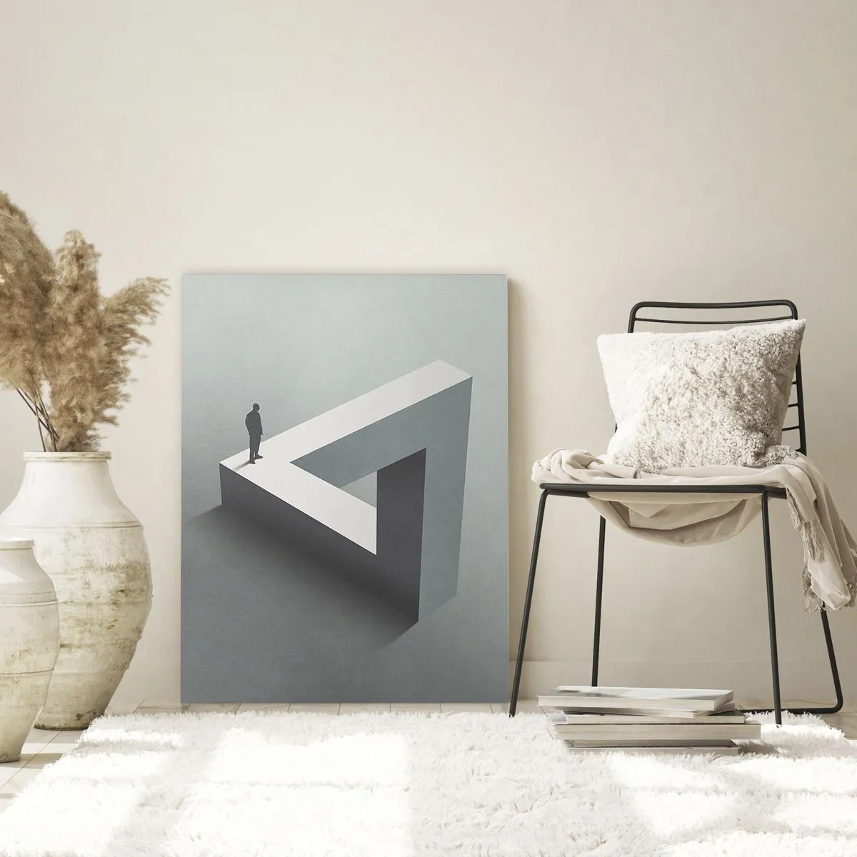 Obraz na szkle - Postać stojąca na trójkącie Penrose’a w szarościach - 80x120cm - A jednak możliwe - Nowoczesna dekoracja ścienna do salonu i sypialni ARTTOR