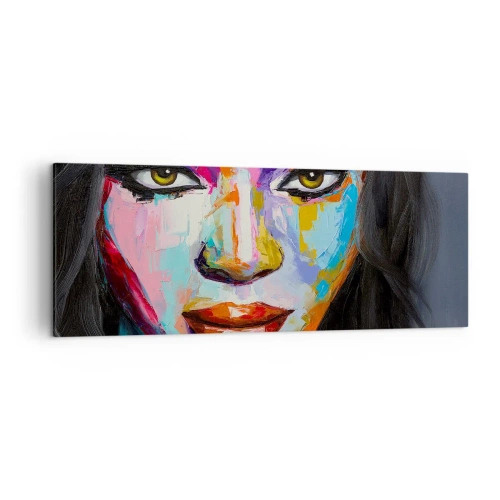 Obraz na płótnie - Kolorowy portret kobiety z intensywnym spojrzeniem - 140x50cm - Nie sposób oderwac oczu - Nowoczesna dekoracja ścienna do salonu i sypialni ARTTOR
