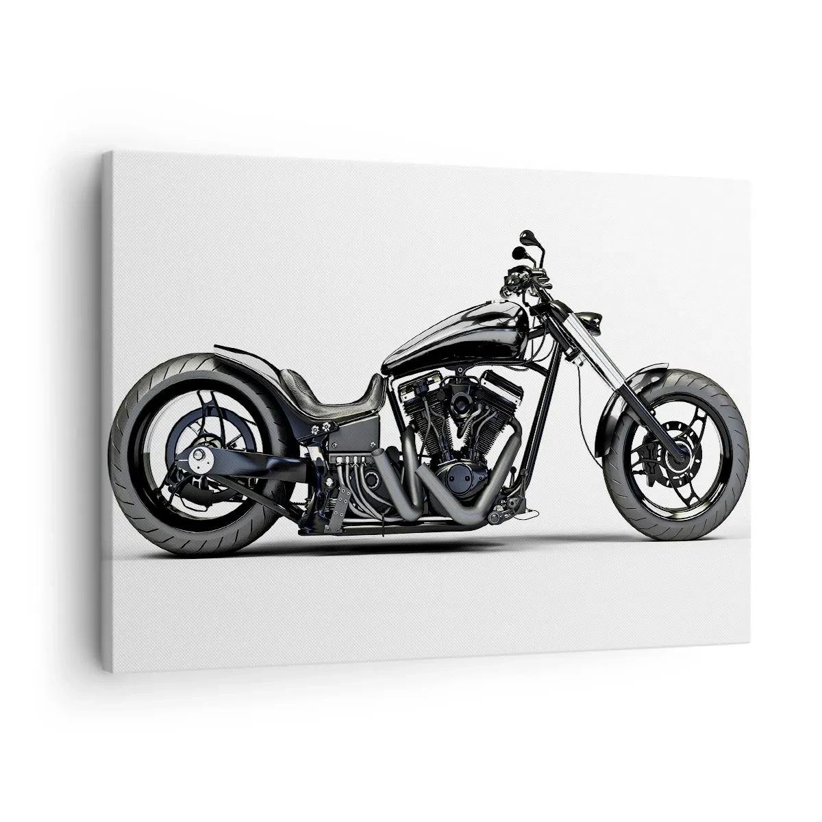 Obraz na płótnie - Stylowy czarny motocykl custom na białym tle - 70x50cm - Dla kochających wolność - Nowoczesna dekoracja ścienna do salonu i sypialni ARTTOR